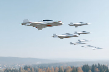 fleet of modern drones gliding over expansive agricultural landscape data from above