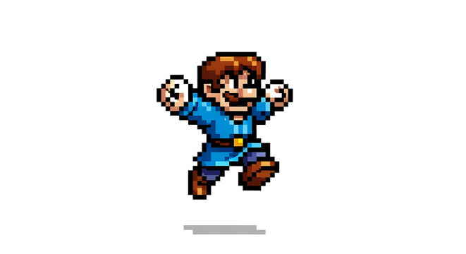 Pixel art of a man with brown hair wearing a blue tunic jumping against a white background
