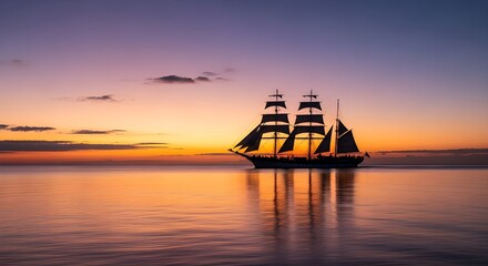 Obraz premium Majestic tall ship sails across calm ocean waters during a breathtaking purple and orange sunset.