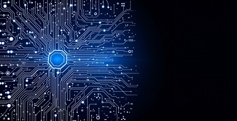 Futuristic digital circuit board with glowing blue core showing neural network or data processing concept on dark gradient technology background. Ai generative