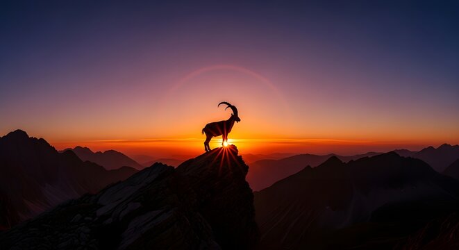 Majestic ibex silhouetted atop a mountain peak at sunrise, bathed in warm golden light