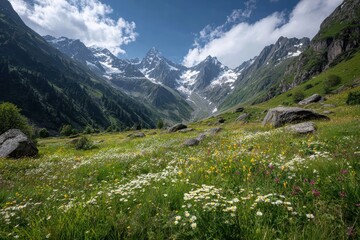 Serene Alpine Meadow with Snow-Capped Peaks and Wildflowers Under a Blue Sky, a Peaceful Mountain Landscape