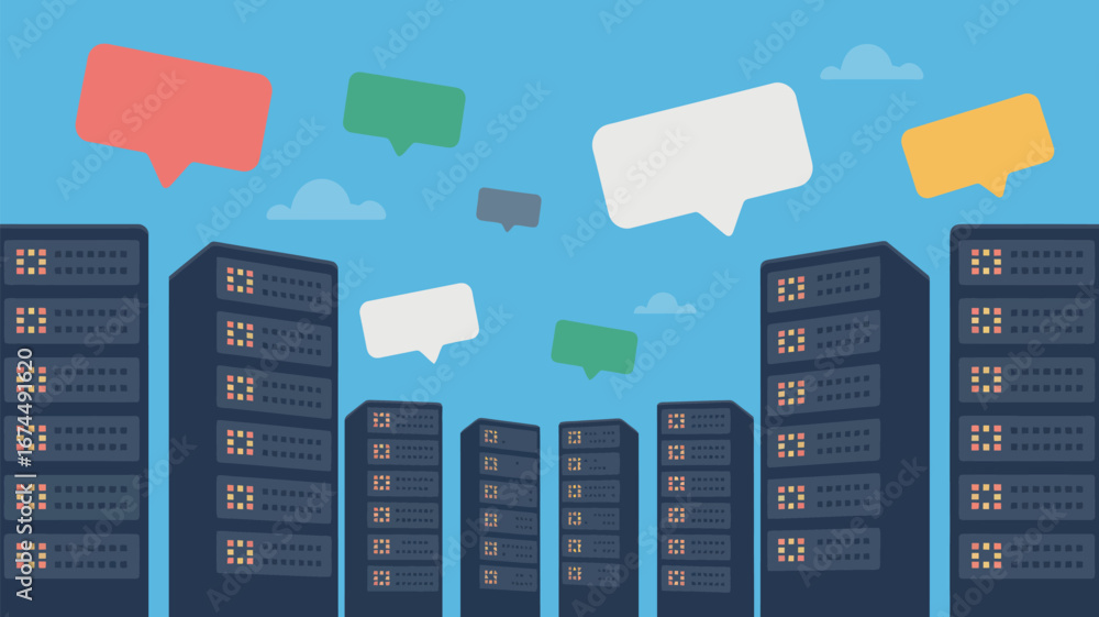 Poster illustration of server racks with colorful speech bubbles floating above on a light blue background