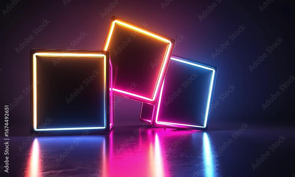 Poster glowing neon cubes abstract 3d rendering.