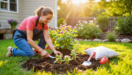 Gardener planting flowers in backyard at sunset, joy of gardening