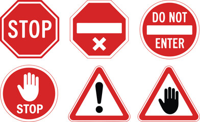 Stop Signs Collection Do Not Enter, Stop Hand, Warning Exclamation Mark
