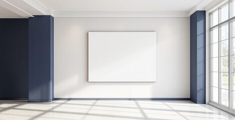 Blank canvas mockup on white wall in modern interior with blue accents and large windows, ideal for art or design presentation concept template. Ai generative
