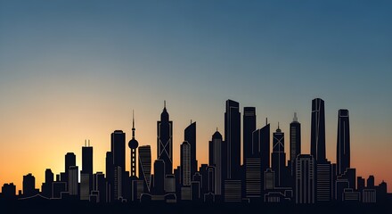 Obraz premium Modern city skyline silhouette at dusk, symbolizing growth and urban development.