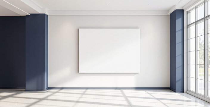 Blank canvas mockup on white wall in modern interior with blue accents and large windows, ideal for art or design presentation concept template. Ai generative