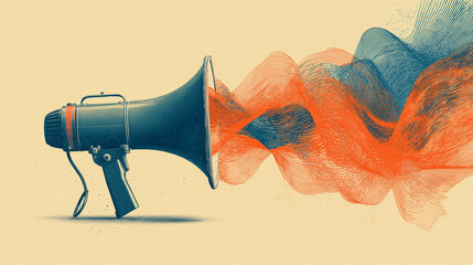A vintage megaphone displays abstract sound wave visuals, isolated, highlighting retro design, amplified audio concept, and dynamic communication energy.