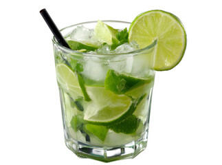 Refreshing caipirinha cocktail with lime and ice, Isolated On Transparent Background