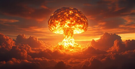 Glowing fiery mushroom cloud explosion above dense clouds in sunset sky, dramatic atmosphere illustrating war and destruction concept vividly. Ai generative