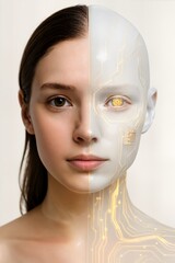 Ultra-realistic side profile of face merging with digital circuits