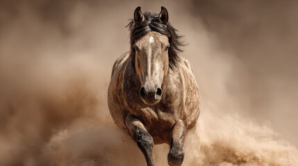 Obraz premium Majestic horse galloping through dusty terrain in the late afternoon sun