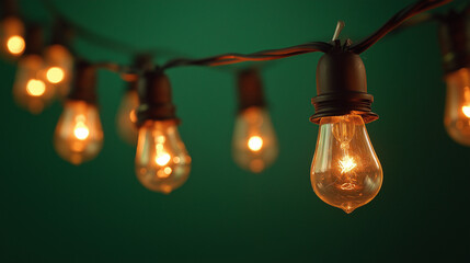 Obraz premium Warm glowing string lights hanging against a vibrant green background, creating a festive and cozy atmosphere. 