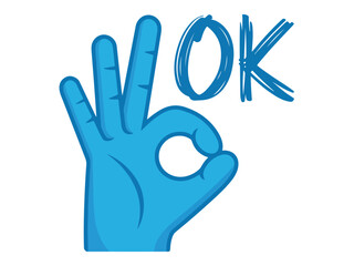 Obraz premium OK Gesture Hand, Blue Cartoon Hand, Positive Sign, Agreement Symbol, Approval, Vector Illustration