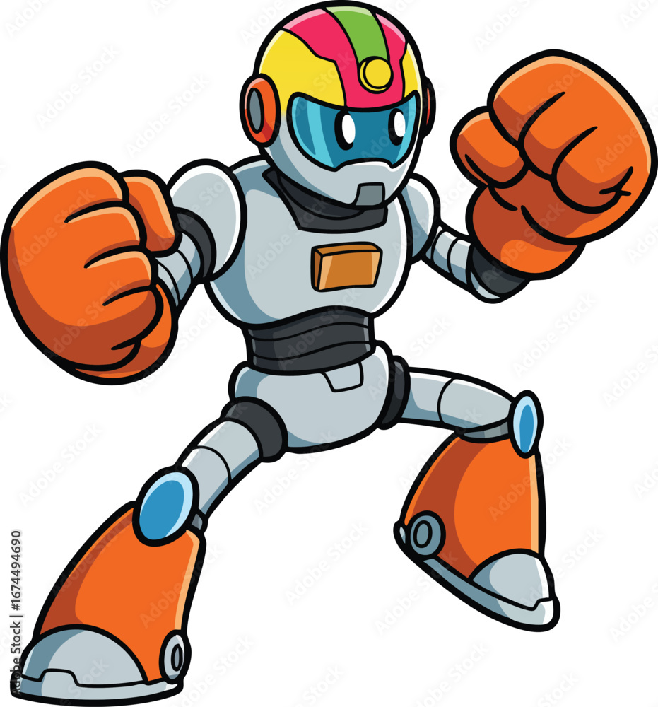 Poster fighting robot character with orange gloves and boots in dynamic pose vector illustration