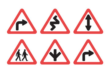 Set of six road signs warning, turn, pedestrian, zigzag, two-way traffic