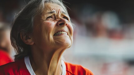 Close-up of an elderly woman with a hopeful expression, looking upwards.
