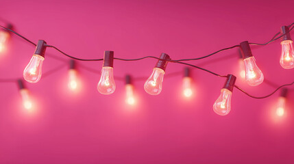 Warm glowing string lights hanging against a vibrant pink background, creating a festive and cozy atmosphere.
