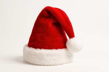 Festive red velvet Santa hat with white fur trim on bright white background