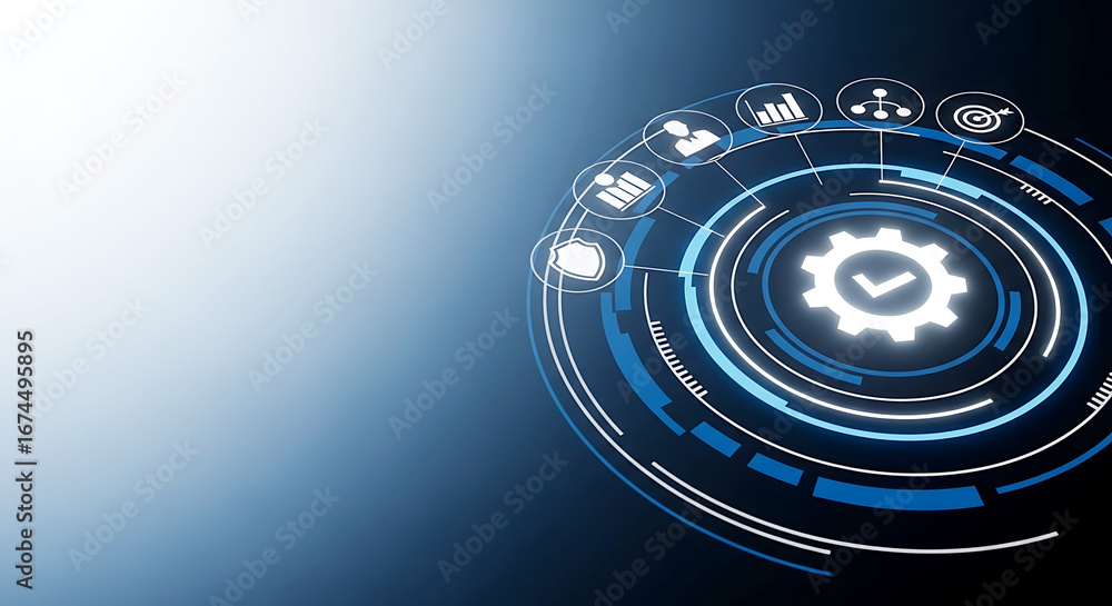 Aufkleber futuristic digital interface displaying a circular diagram with icons representing business processe