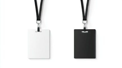 Two blank identification cards, one white and one black, attached to black lanyard