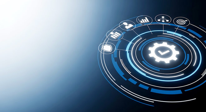 Futuristic digital interface displaying a circular diagram with icons representing business processes and a central checkmark for confirmation