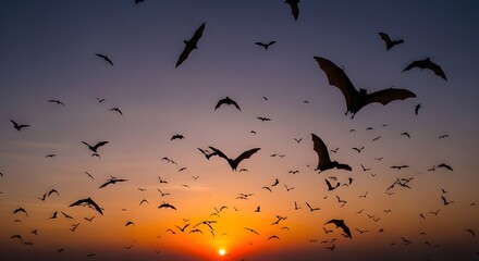 Fototapeta premium Mysterious swarm of bats silhouetted against a vibrant sunset sky, creating an eerie yet captivating scene.