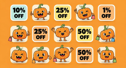 Obraz premium Colorful cartoon pumpkins with cheerful expressions showcase various discount percentages for Halloween sale promotions, creating a festive and playful atmosphere for seasonal marketing