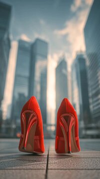 Red High Heels on Pavement with Modern Skyscrapers in Background