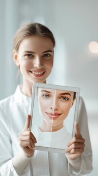 Friendly Cosmetologist in Bright Modern Clinic Holding a Face Image