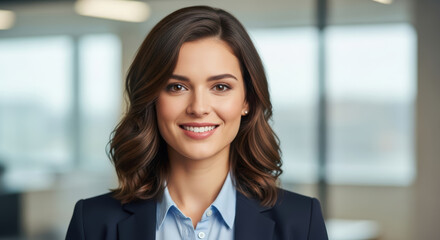 Professional woman with brown hair, wearing a navy blazer and light blue shirt, smiles confidently in a modern office environment, showcasing a positive business atmosphere