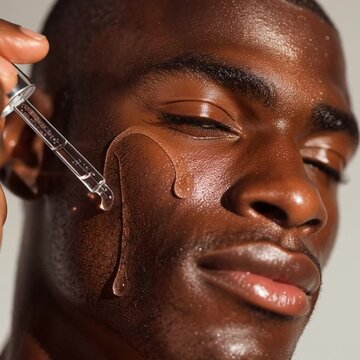 Close-Up of Young African Man Applying Skincare Serum Under Eyes