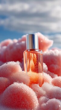 Perfume Bottle in Pink Foam with Cinematic Sky Background