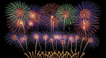 Fototapeta premium Colorful fireworks display lighting up the night sky with vibrant bursts of red, blue, green, and gold, creating a festive atmosphere for celebrations and events