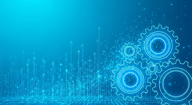 Abstract blue background with glowing gears and digital data streams, representing technology and innovation