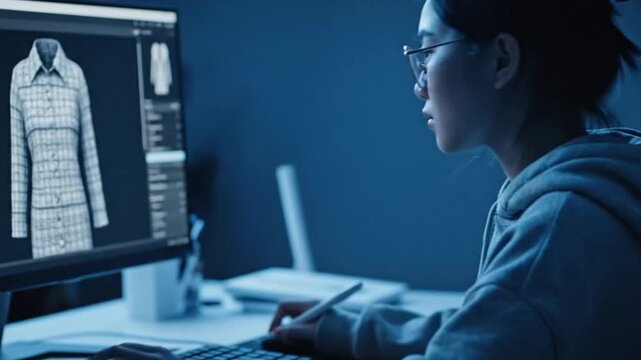 Focused young female designer meticulously crafts virtual fashion prototypes on a digital screen, leveraging advanced 3D software for innovative apparel creation late at night