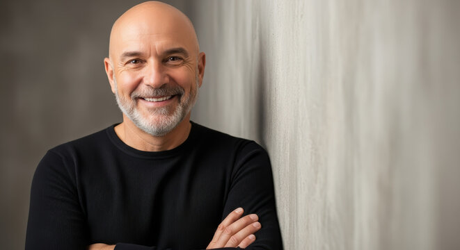 Smiling man with bald head and beard, wearing black long-sleeve shirt, stands confidently against a textured gray wall, showcasing warmth and approachability in a modern setting