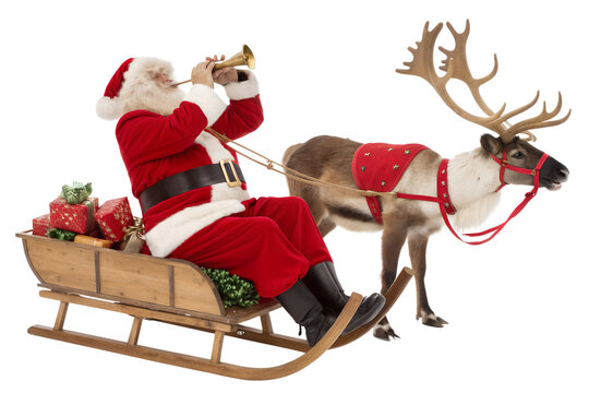 Santa Claus Rides in a Sleigh Pulled by a Reindeer, Delivering Christmas Presents, Trumpeting a Horn for Holiday Cheer