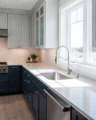 Modern Kitchen Navy and Light Gray with Clean Countertop Bright Sunlight Vertical