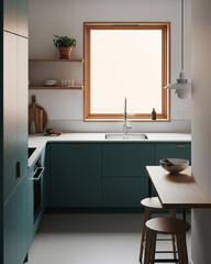 Minimalist Open Kitchen Teal Cabinets with Natural Wood Accents Vertical Cozy Atmosphere