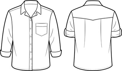 Men’s casual shirt flat sketch, technical fashion CAD drawing with front pocket, long sleeves, collar, button closure, vector illustration