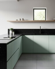 Minimalist Kitchen with Mint Green Cabinetry and Black Countertops Portrait Perspective