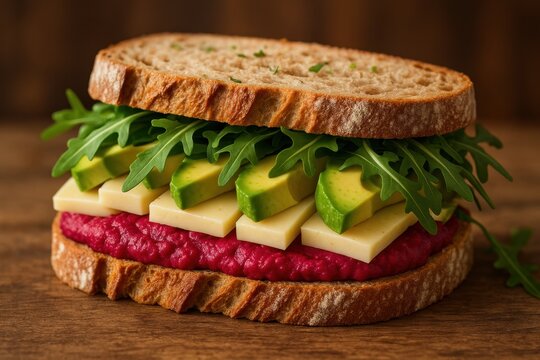 Gourmet plant-based sandwich creation with beetroot hummus and fresh vegetables for healthy eating and vegan lifestyle culinary photography