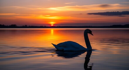 Fototapeta premium Elegant swan glides serenely on tranquil lake during breathtaking golden hour sunset