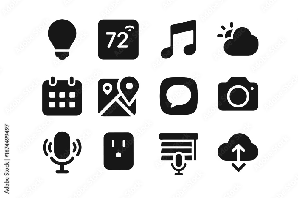 Poster thermostat voice app icon connected camera assistant message podcast smart vector music