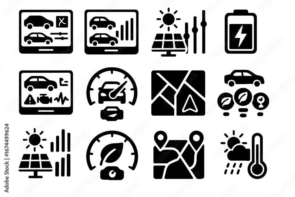 Aufkleber icons solar efficiency selector consumption mode vector panel interface meter display vehicle