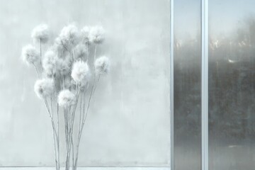 Minimalist winter scene: white fluffy flowers against glass and concrete wall
