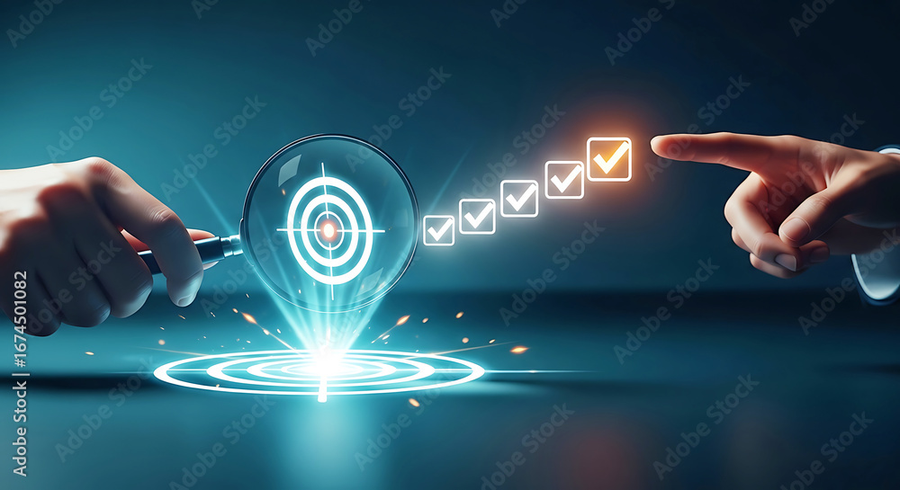 Poster closeup of hands interacting with a digital interface showing a target, checklist, and magnifying gl